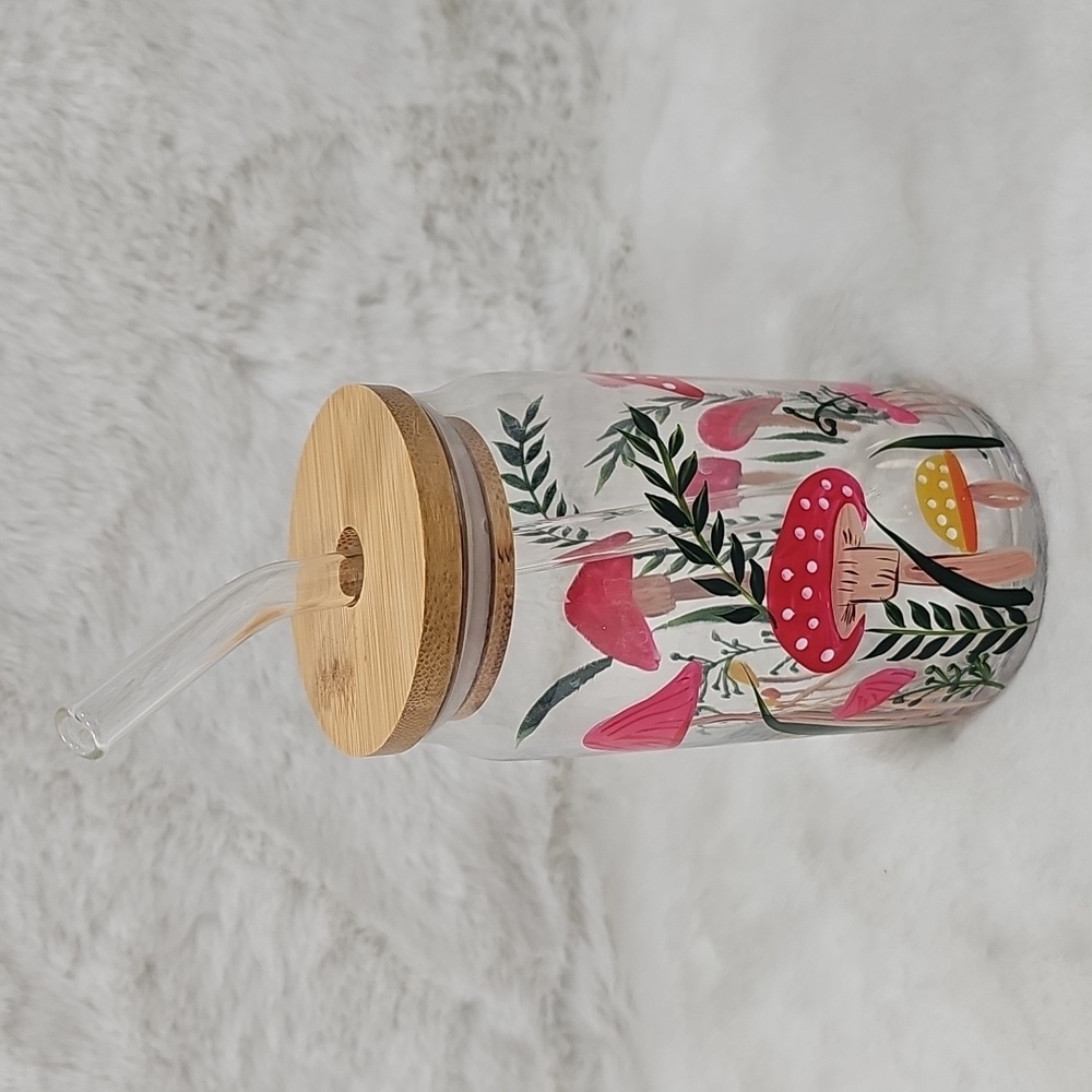 Handpainted Mushrooms 16oz Glass Tumbler With Glass Straw